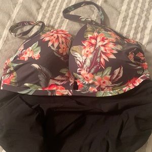 Shade & Shore Black Floral Underwire Bikini Top with Coral and Green Accents